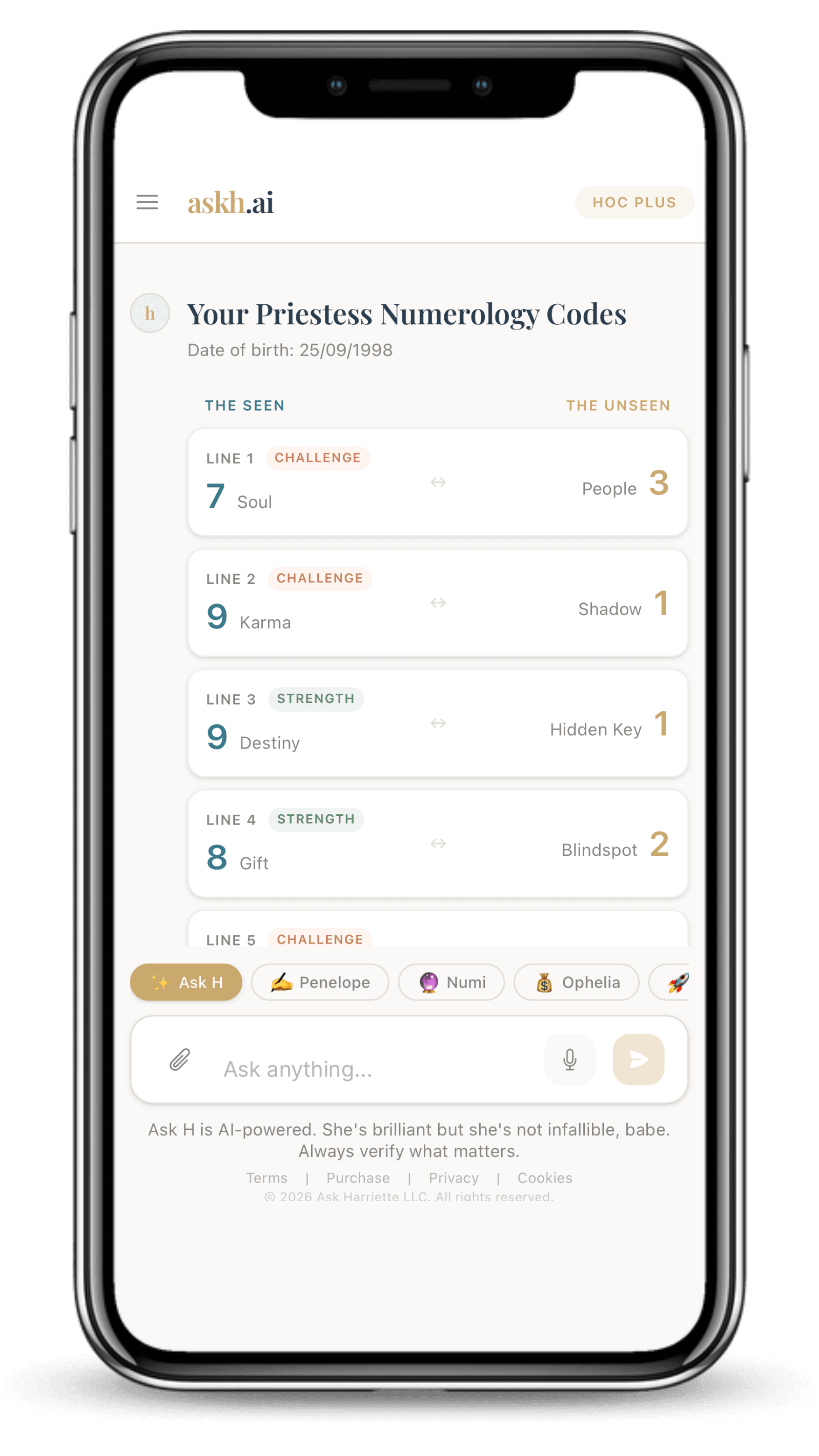 A live Priestess Numerology chart displayed on the askh.ai end-user app — Soul, Karma, Destiny, Gift codes against The Seen and The Unseen columns.